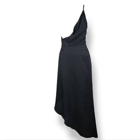 NEW Whyte Valentyne Twist Knot Asymmetrical Hem Silky Satin Gown in Black - Picture 4 of 10